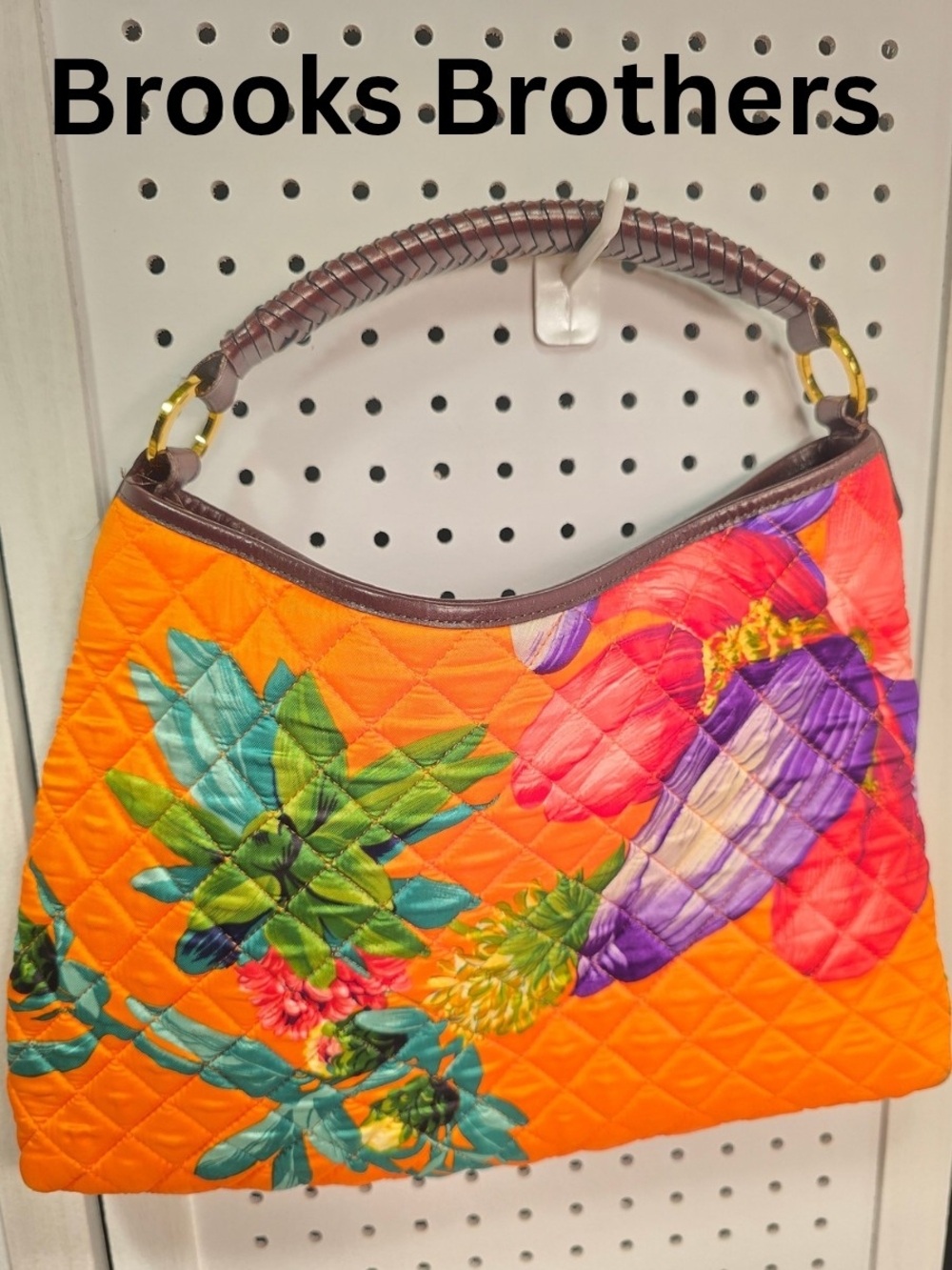 Brooks Brothers Orange Quilted Floral Shoulder Bag with Brown Handle